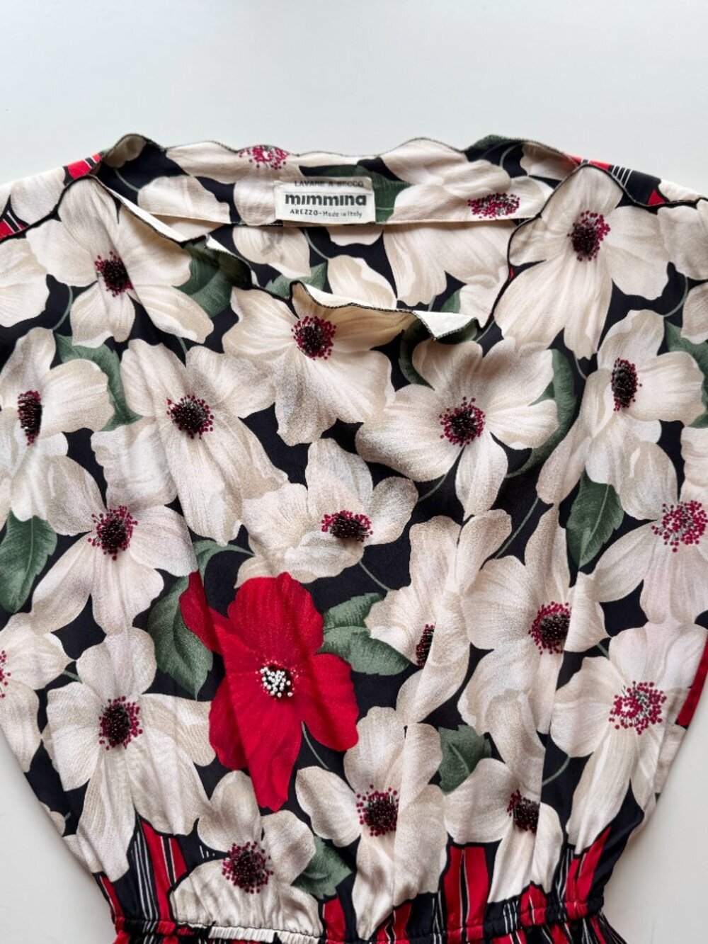 Vintage 80's MIMMINA Ivory Red Floral Striped Beaded Silk Crepe Dress, Size S - Picture 6 of 15